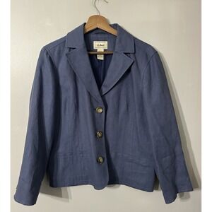 LL Bean Womens Linen Blazer Size 14 Blue 3 Button Cottagecore Coastal Timeless